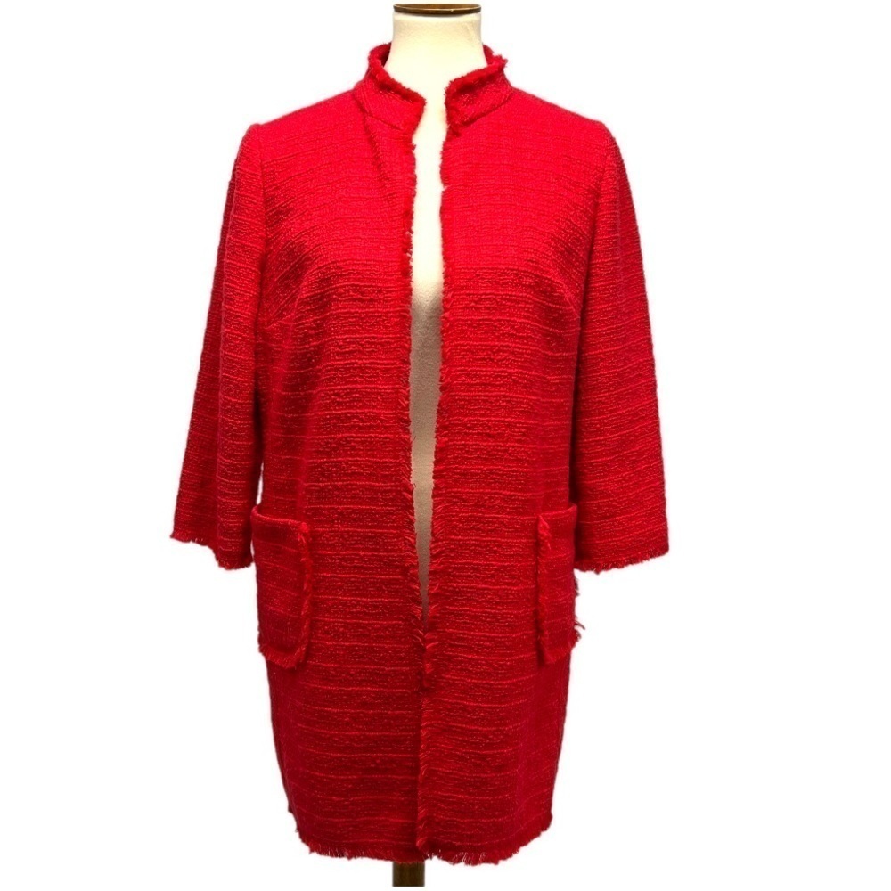 Chico’s Red Cotton Textured Fringe Open Front Cardigan Topper Womens Sz (1) 8/10
